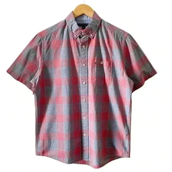 Tommy Hilfiger Mens Shirt Short Sleeve Button Down Red Grey Plaid Cotton Small - Picture 1 of 15
